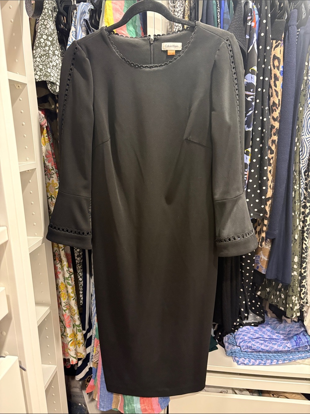 Calvin Klein Black Midi Sheath Dress with Scallop Eyelet Trim and flare sleeves
